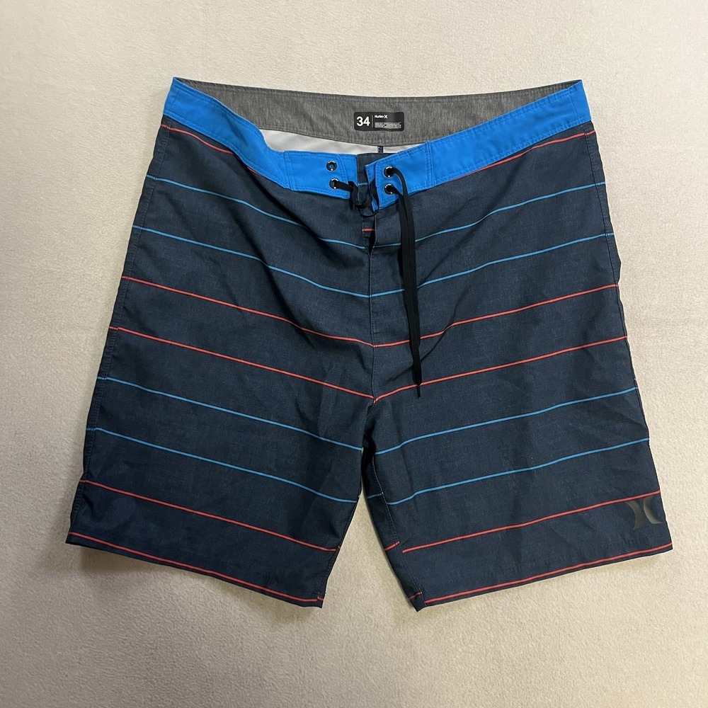 Hurley Board Shorts Men's Size 34 Blue Striped 8" Performance Drawstring Trunks